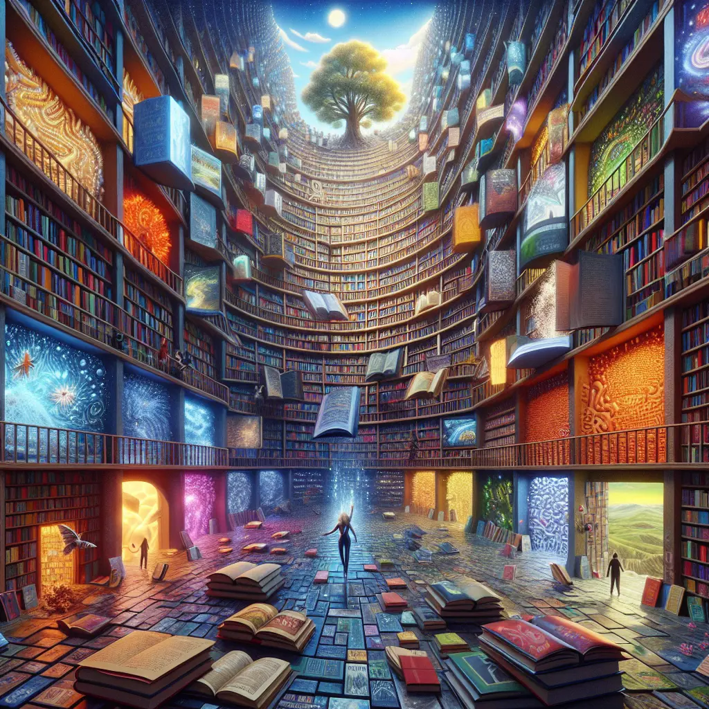 Imagery depicting a whispering library of infinite stories